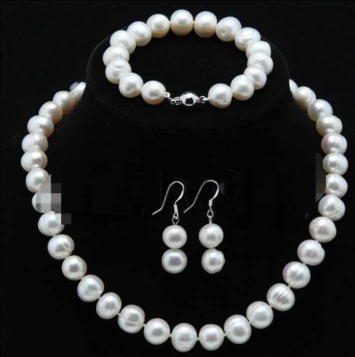 

charm Jew.657 a sets 11-12mm white black freshwater pearl necklace bracelet earrings (A0423)