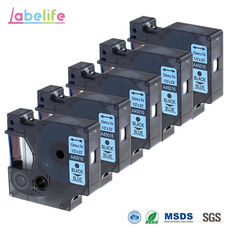 Labelife 5 Pack 12mm DYMO D1 45016 Black on Blue D1 Label Tape Compatible for DYMO LabelManager ...