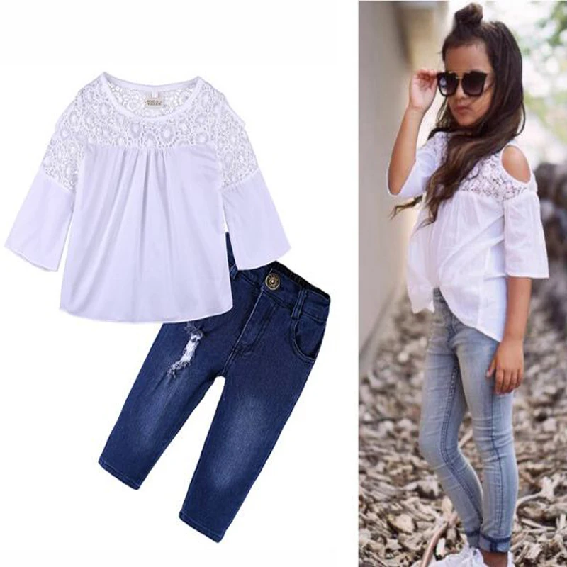 summer kid girls tops set white lace hollow-out floral T-shirt+Ripped Jeans 2 pieces outfit children clothing Children