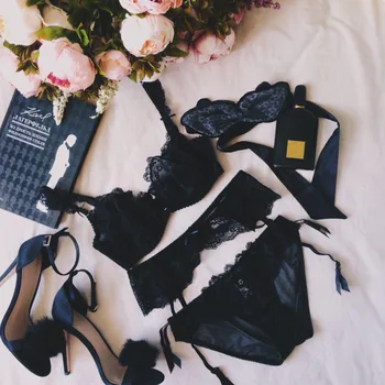 

Munllure Women's ultra-thin bra transparent lace embroidery underwear sexy woman bra set