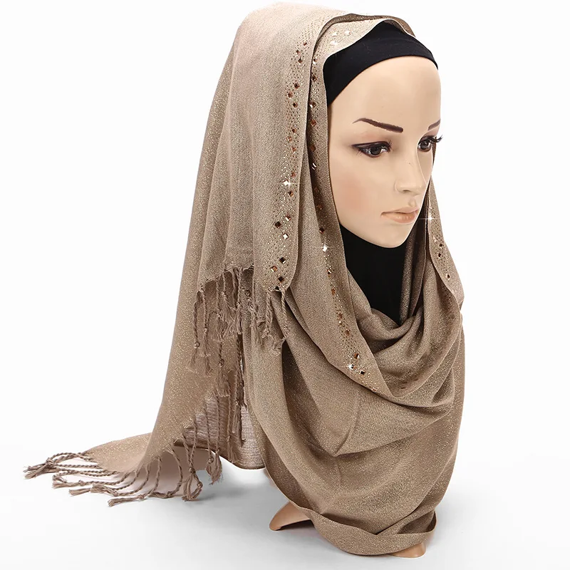 

Exquisite Woman hijab Solid Color Rhinestone Shining Match Chiffon Silk Popular Shawls Scarf Headband Muslim Turban 13 Colors