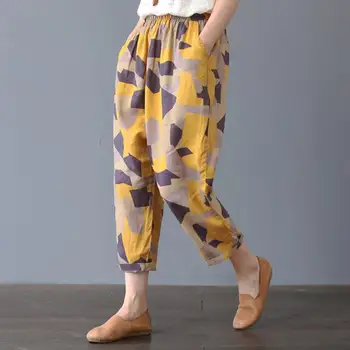 

New Women Summer Pants Cotton Linen Printed Pocket Casual Vintage Thin Loose Elastic Waist Trousers Harem Pants Calça Feminina D