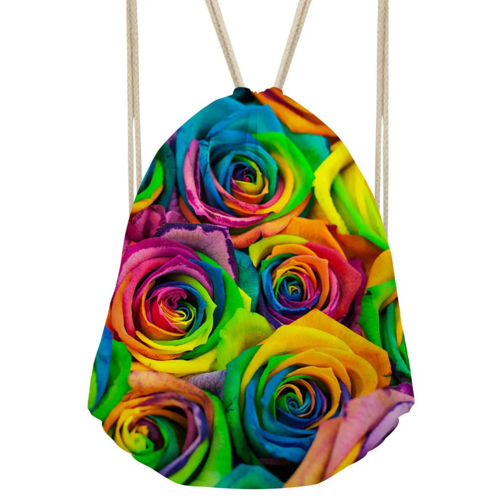 Women Drawstring Bag Flower Rose Printed Small Drawstring Backpack for