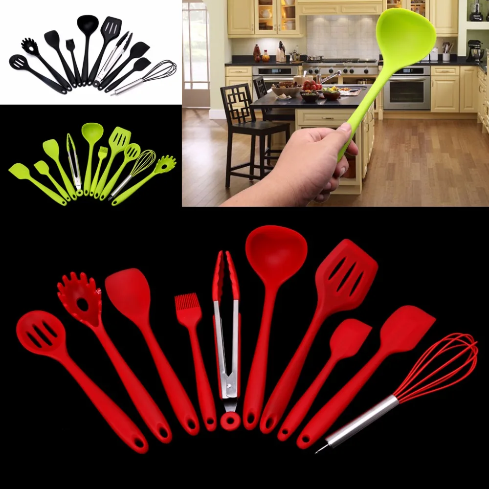 10Pcs Red/Green/Black Heat Resitant Non-stick Silicone Kitchen Utensils Set Cooking Bake Tool Spatula Spoon Brush Wisk Tong 10Pcs Red/Green/Black Heat Resitant Non-stick Silicone Kitchen Utensils Set Cooking Bake Tool Spatula Spoon Brush Wisk Tong