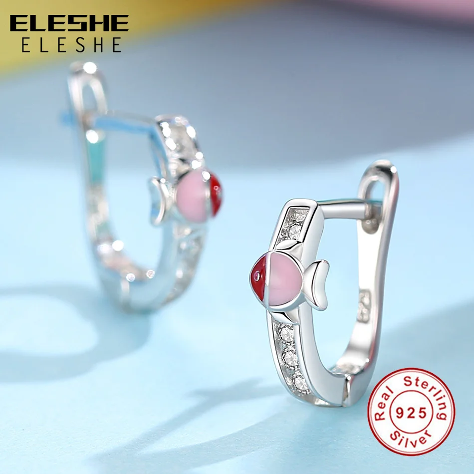 ELESHE Authentic 925 Sterling Silver Earrings AAA Zircon Crystal Red Enamel Fish Stud Earrings For Girls Kids Children Jewelry