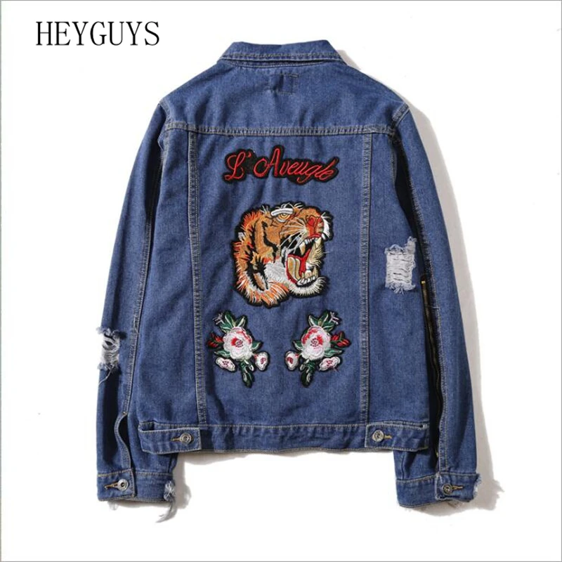 

Men's Streetwear Oversize Embroidered tiger head Patch Holes Denim jacket Patch Designs Ripped Washed Jacket for men BigBang