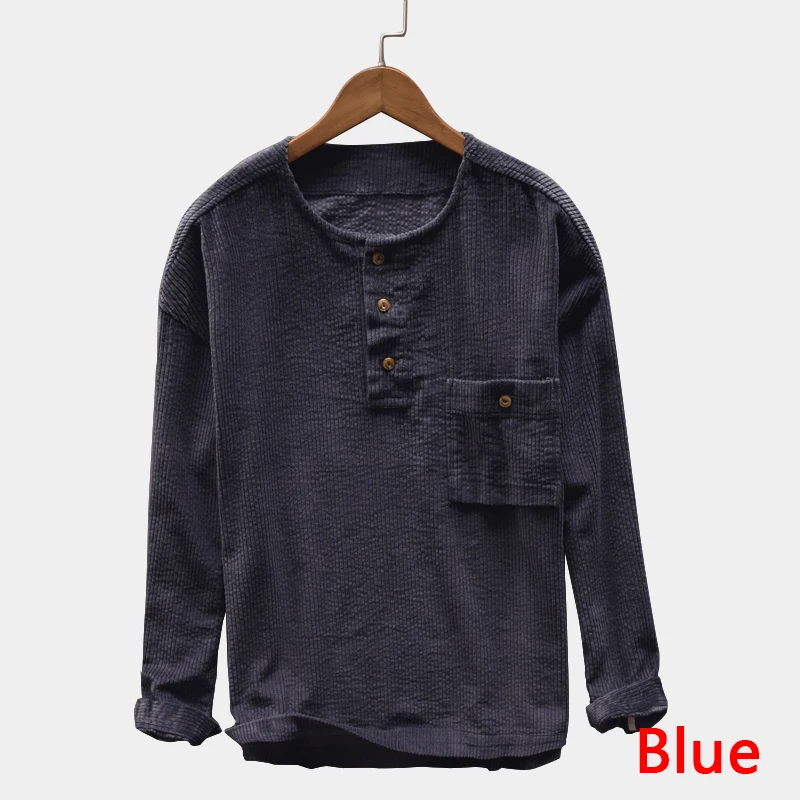 Мужская рубашка размера плюс S-4XL, Вельветовая Повседневная рубашка с длинным рукавом, Свободный пуловер с вырезом лодочкой, Мужская футболка, осенняя мужская одежда - Цвет: Blue