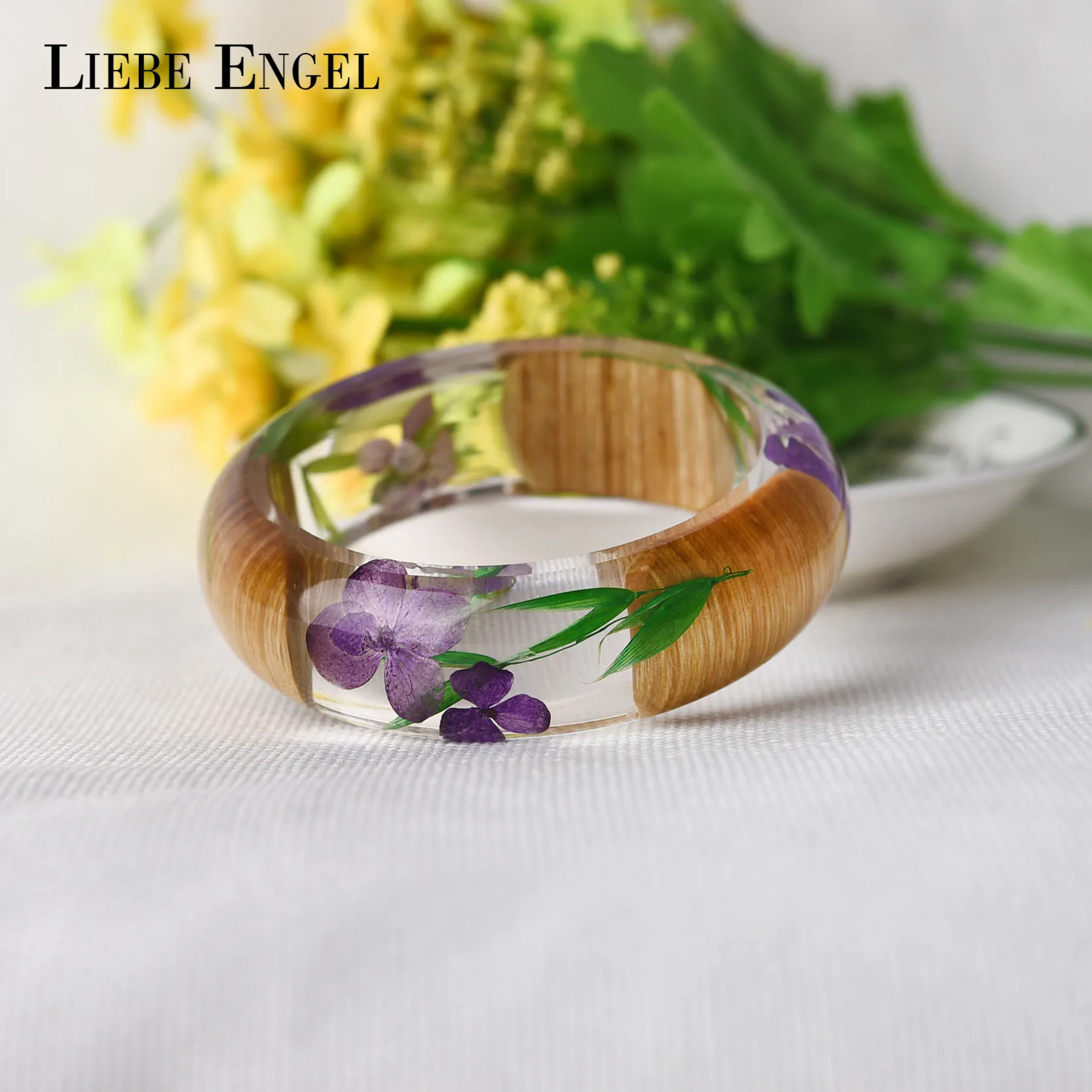 LIEBE ENGEL Handmade Resin Bangle Bracelet Dried Purple Flower Wood Green Leaf Party Jewelry Cuff Love Bracelet Women Vintage