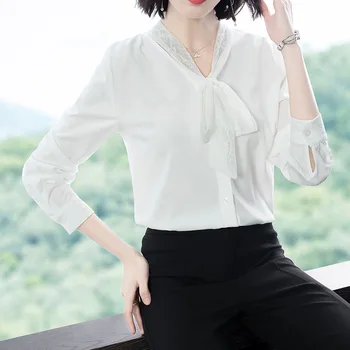 

Hot New Spring Women High Street Fashion Bow Collar Sexy Lace Patchwork Single Breasted Blouse Female Plus Size Shirts Riverdale