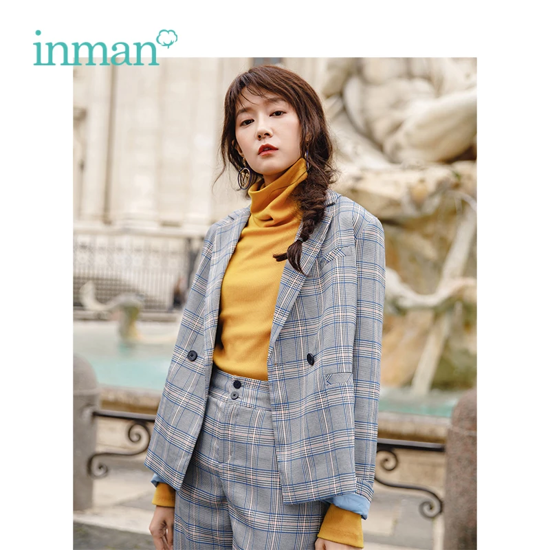

INMAN Autumn New Arrival Neutral Yarn Dyed Plaid Short Women Frock Suit Coat