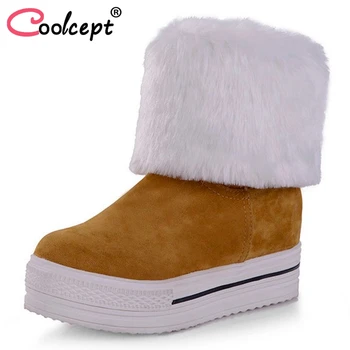 

Coolcept 4 Colors 34-43 Women High Heel Boots Plush Fur Round Toe Platform Women Mid Calf Boots Fashion Winter Boats