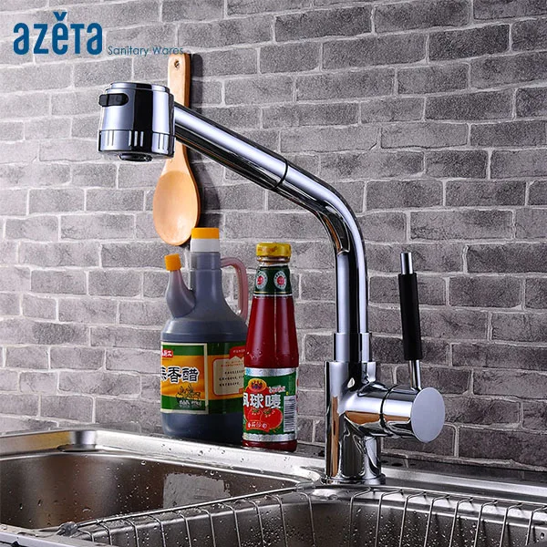 

Azeta Pull Out Dual Sprayer Kitchen Sink Faucet Chrome Single Handle Deck Mounted Cold and Hot Water Kitchen Tap MK9824D