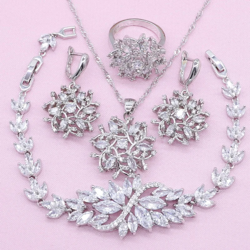 

White Zirconia 925 Silver Jewelry Sets For Women Flower Shape Bracelet Earring Pendant Necklace Ring Bridal Birthday Gift Box