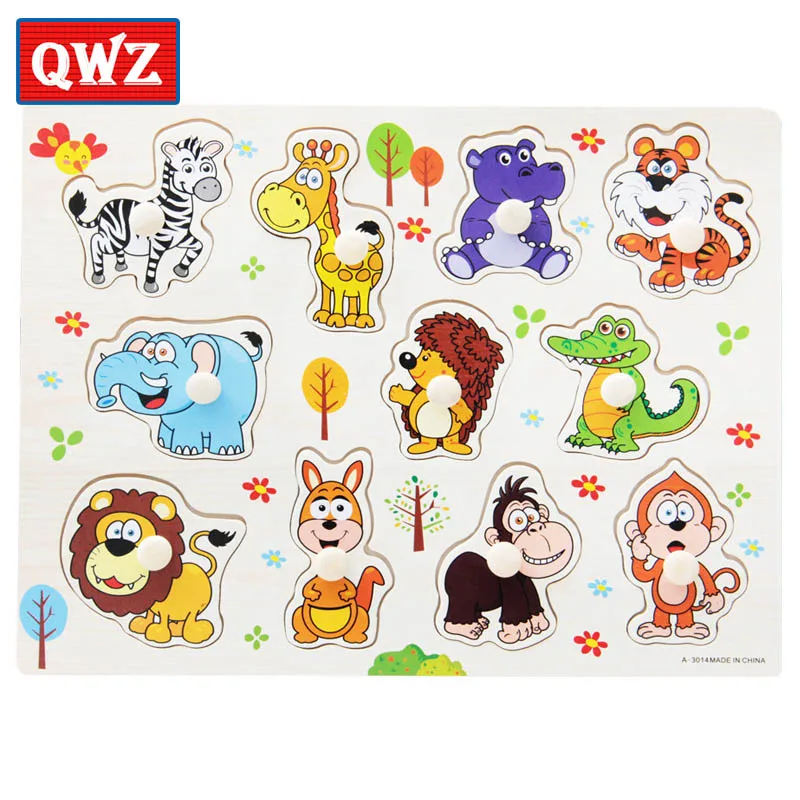 QWZ деревянные игрушки-головоломки для детей, обучающие игрушки для детей, детские игрушки для рук, Мультяшные животные, головоломка, интеллектуальные игрушки для детского подарка - Цвет: QWZ128-A-3014