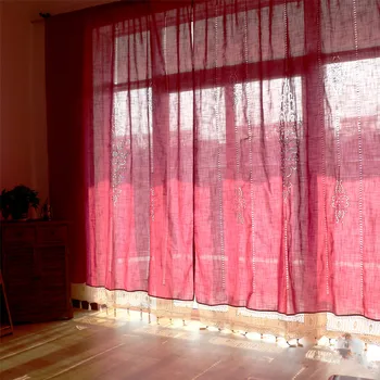 

Rose Red Cotton Linen Handmade Hollow Geometric Pattern Crochet Tassel Hem Balcony /bedroom Finished Curtain 175cm Width