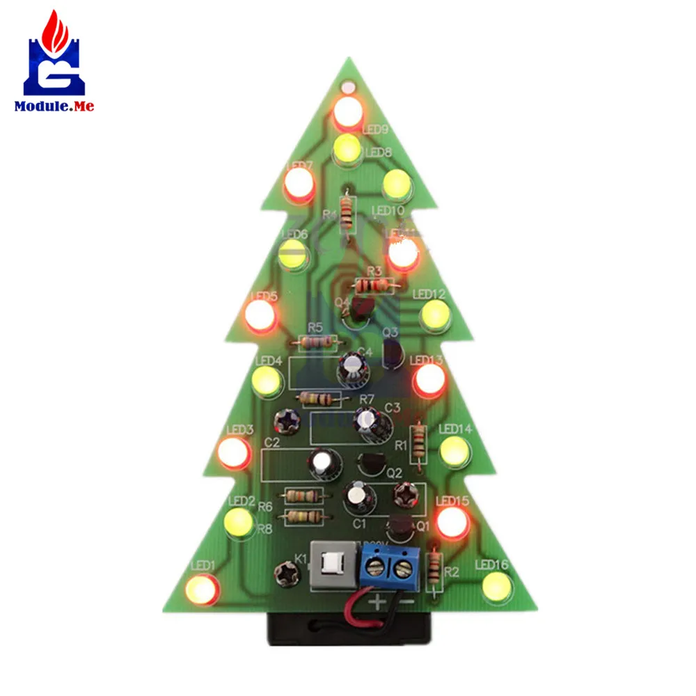 

DIY Kit Christmas Trees LED Circuit Red Green Flash Light Electronic Suit with Battery Slot IC Chips Resistor Capacitive Module