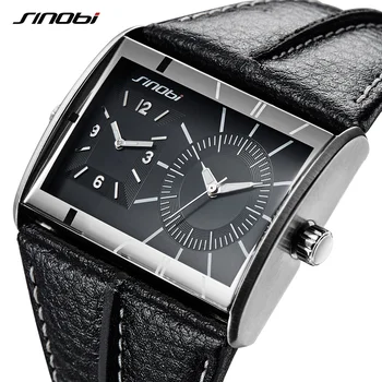 

2018 SINOBI Brand Multiple Time Zone Men Fashion Rectangle Watches New Creative Men's Leather Quartz Wristwatches Clock relogio