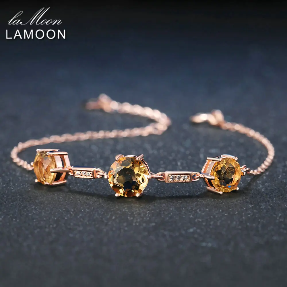 LAMOON Luxury Citrine 925 Sterling Silver Jewelry Rose Gold Plated Charm Bracelets for Women Trendy Fine Bangles Bijoux HI025