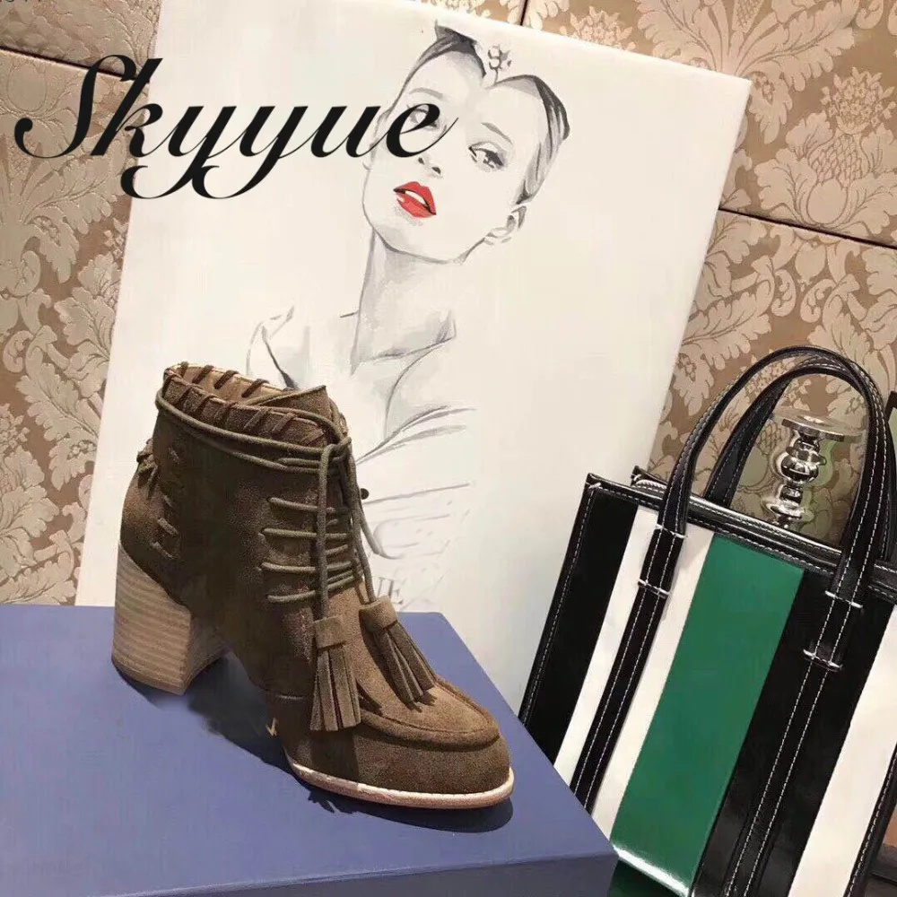 

SKYYUE Beige Genuine Leather Gladiator Fringe Lace Up Ankle Boots Round Toe Thick Heel Women Fashion Winter Boots Shoes Women