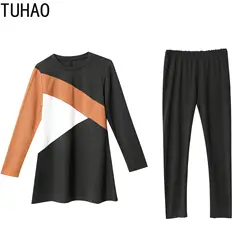 TUHAO 2019 плюс Размеры 5XL 4XL 3XL спортивный костюм женский весна полосатый лоскутное Для женщин набор офис леди повседневные комплекты из 2