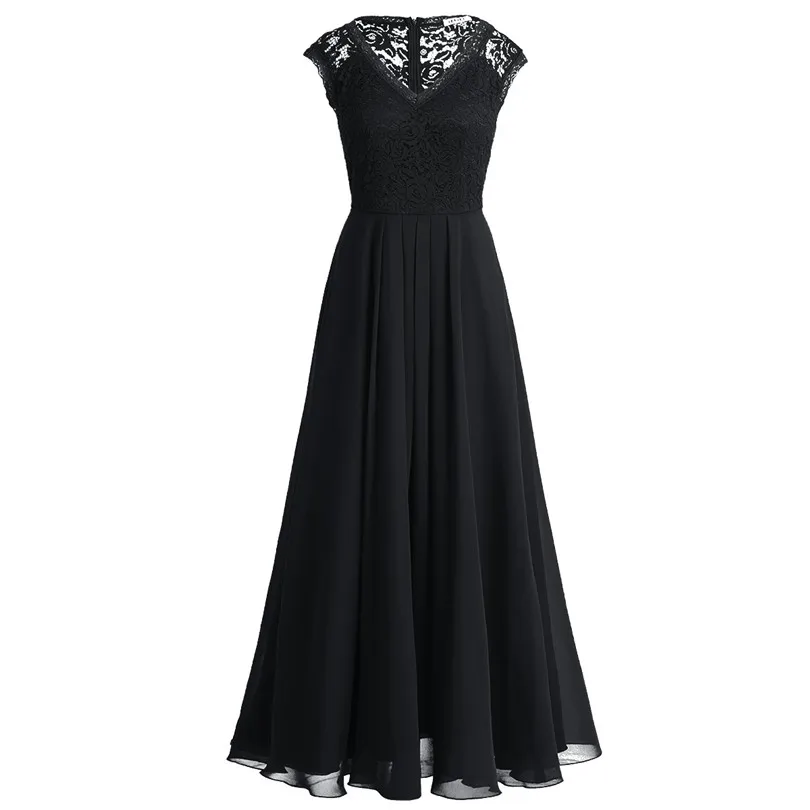 Женское кружевное шифоновое платье подружки невесты без рукавов с цветочным принтом и v-образным вырезом, Длинные вечерние платья для выпускного - Цвет: Black