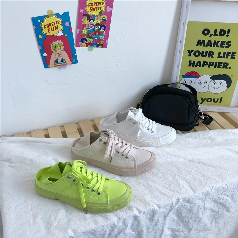 women canvas shoes fluorescent green girls pink sneakers cloth shoe spring autumn solid color lace up low up white trainer 35-40