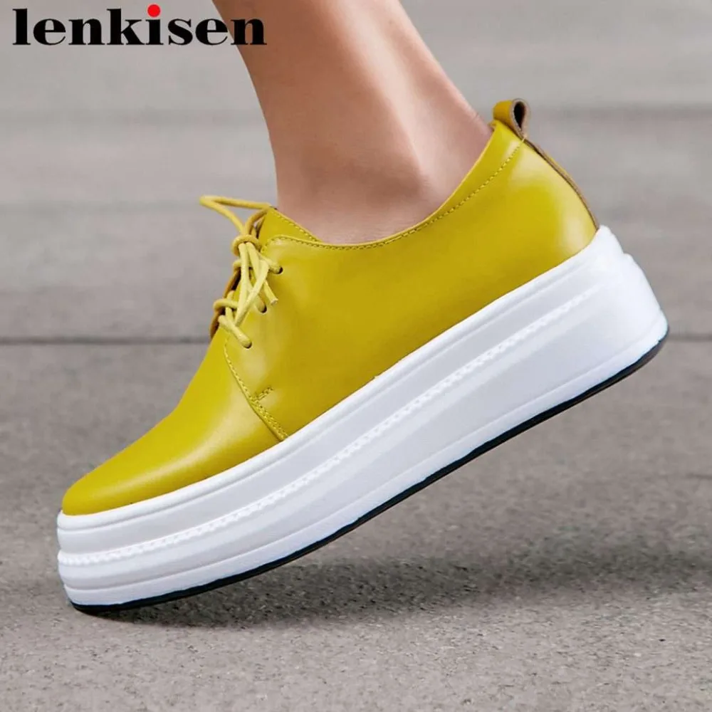 

Lenkisen real cow leather lace up sneakers round toe med bottom plane platform British school daily wear vulcanized shoes L94