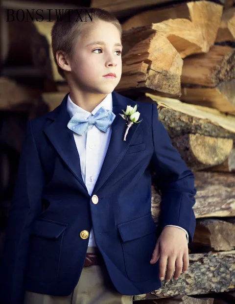 Elegant-look-with-navy-blue-jacket-white-shirt-light-blue-bow-tie-and-beige-pants