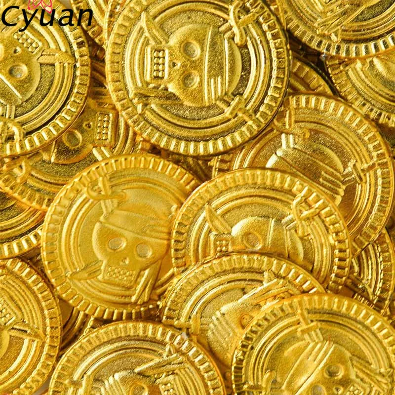 Cyuan 50Pcs Plastic Gold Treasure Coins Pirate Gold Coins Props Toys Halloween Decoration Kids Birthday Party Props Accessories