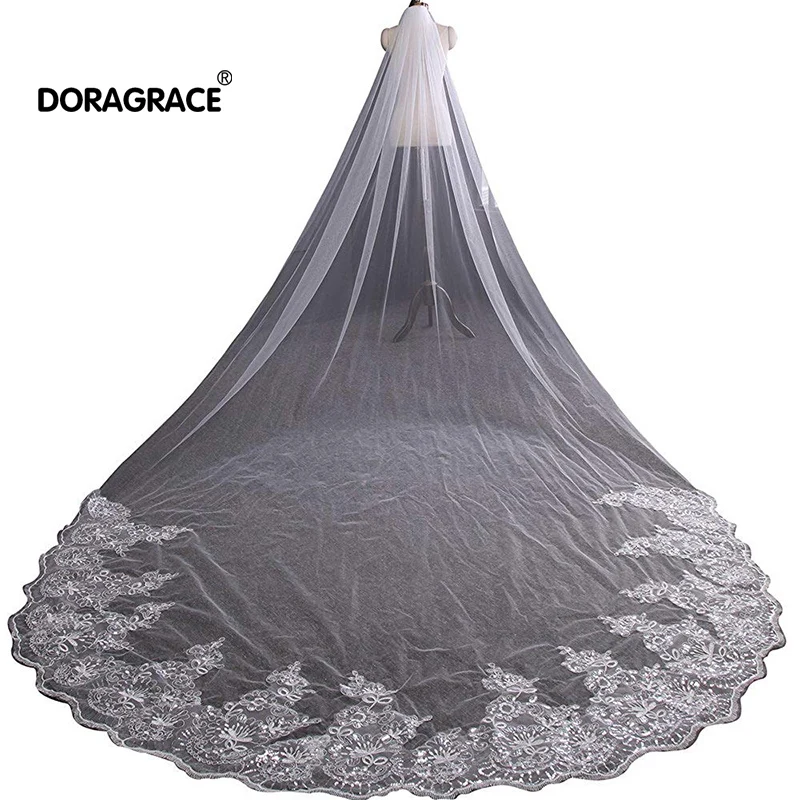 

Doragrace Gorgeous 4 Metres Lace Edge Sequins Cathedral Length Long Bridal Wedding Bridal Veil With Comb