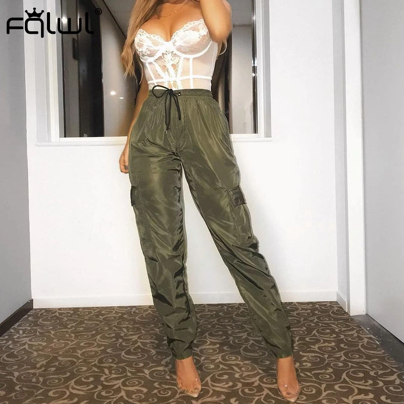 

FQLWL Casual Harem Summer Cargo Pants Women Trousers Lace Up High Waist Pans Female Streetwear Bandage Sweatpant Joggers Women
