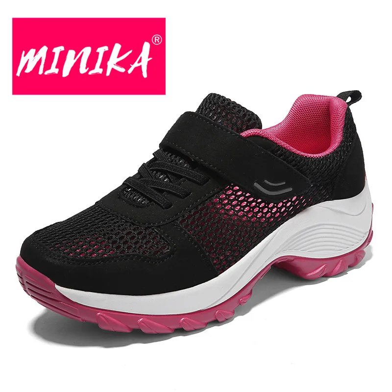 

MINIKA Casual Breathable Shallow Mesh Hook&loop Wedge Shoes Woman Fashion Lightweigh Soft No-slip Female Sneakers for Dancing