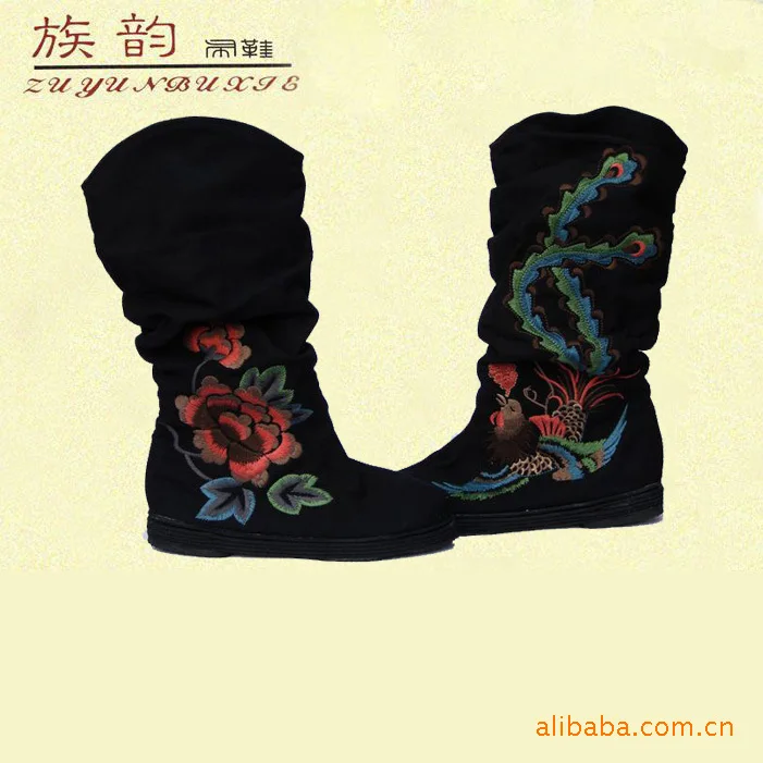 Г. Новинка, женская обувь весна-осень, на плоской подошве, с вышивкой, на прочной тканевой подошве, модные ботинки до середины икры в китайском стиле Размеры 35-40, SXQ0812