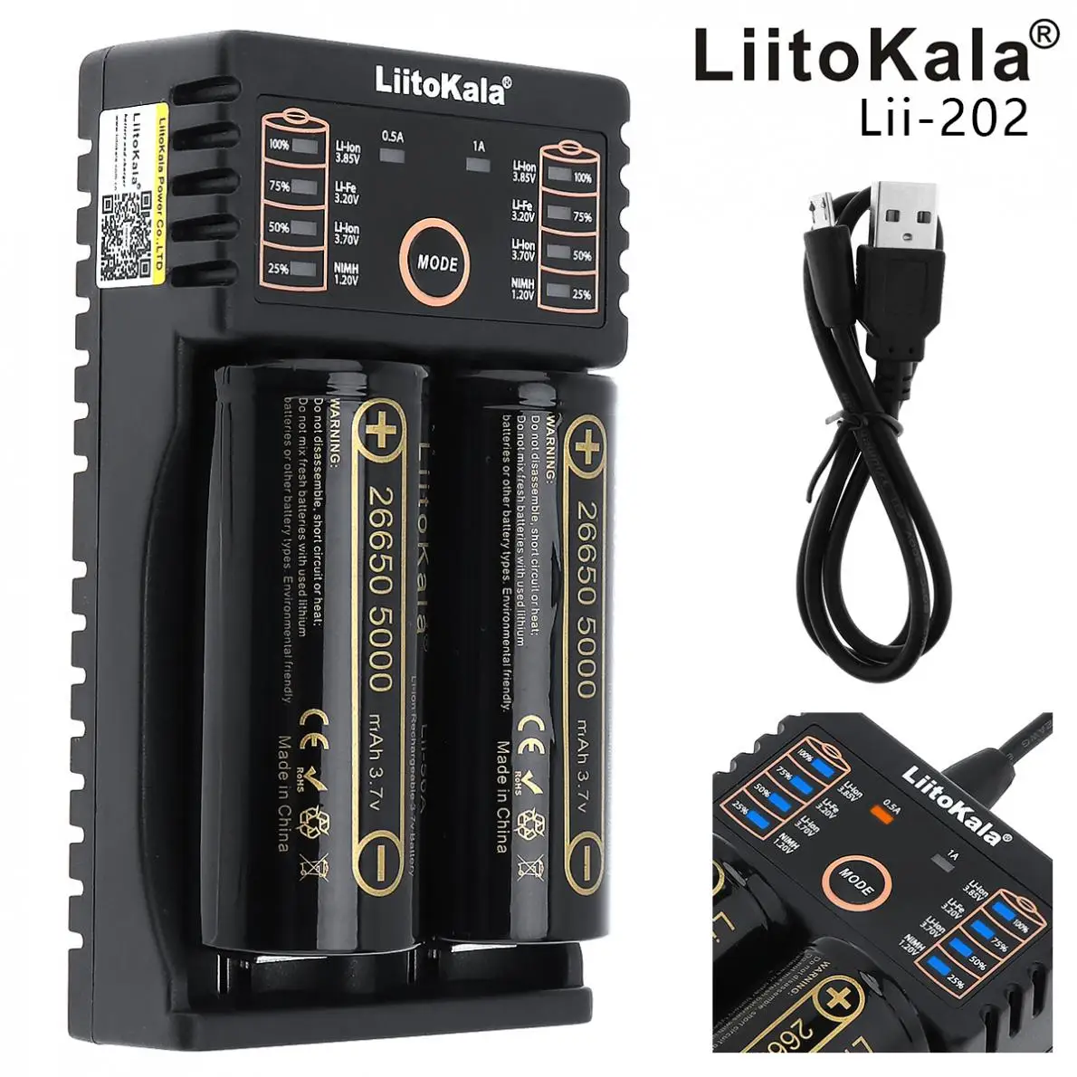 

LiitoKala Lii-202 battery charger+2pcs HK LiitoKala Lii-50A 26650 5000mah Rechargeable battery for flashlight,40-50A discharge
