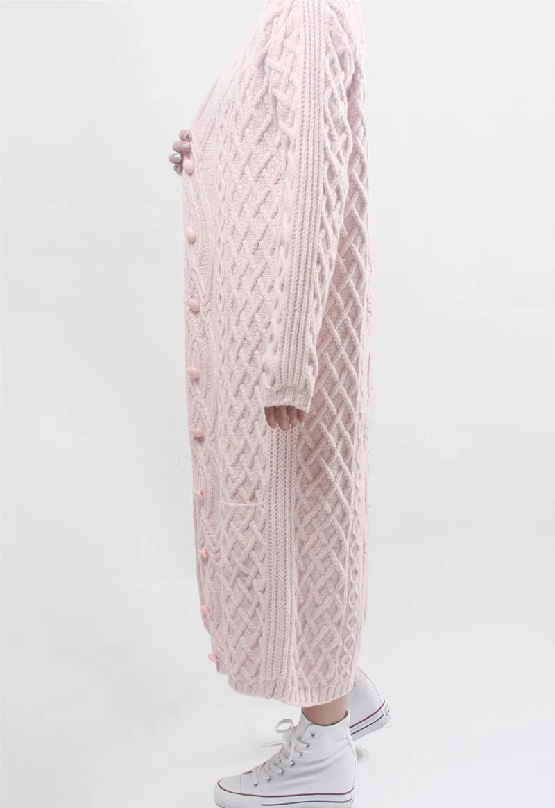  high grade 100% cashmere women fashion hand made long cardigan sweater overcoat pink S/155-XL/170 w
