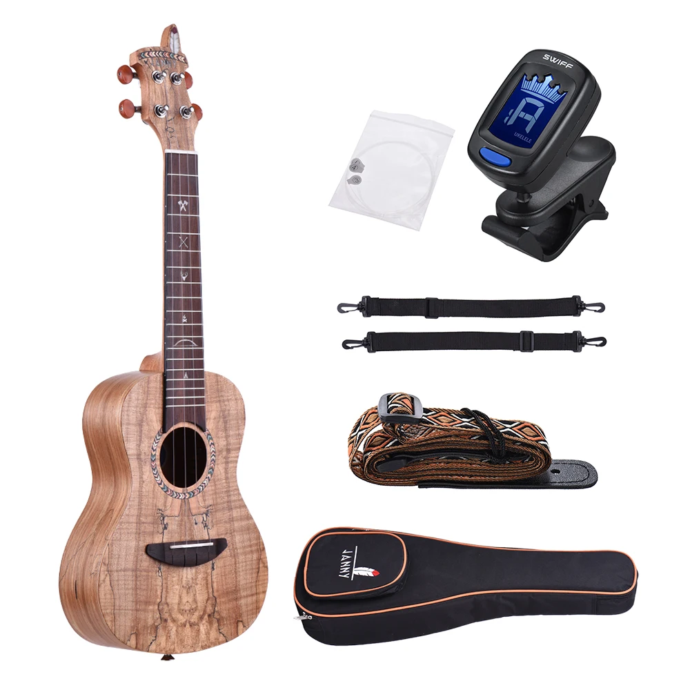 21" Acoustic Wooden Soprano Ukulele Ukelele Uke Spalted Maple Wood Carbon String with Padded