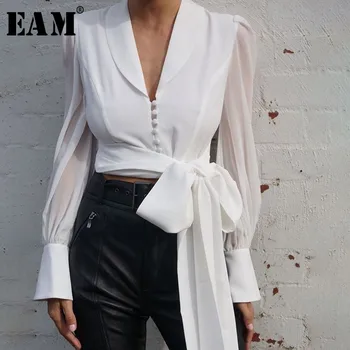 

[EAM] 2020 New Spring Autumn V-collar Long Sleeve Button Thin Bandage Brief Temperament Shirt Women Blouse Fashion Tide JX664