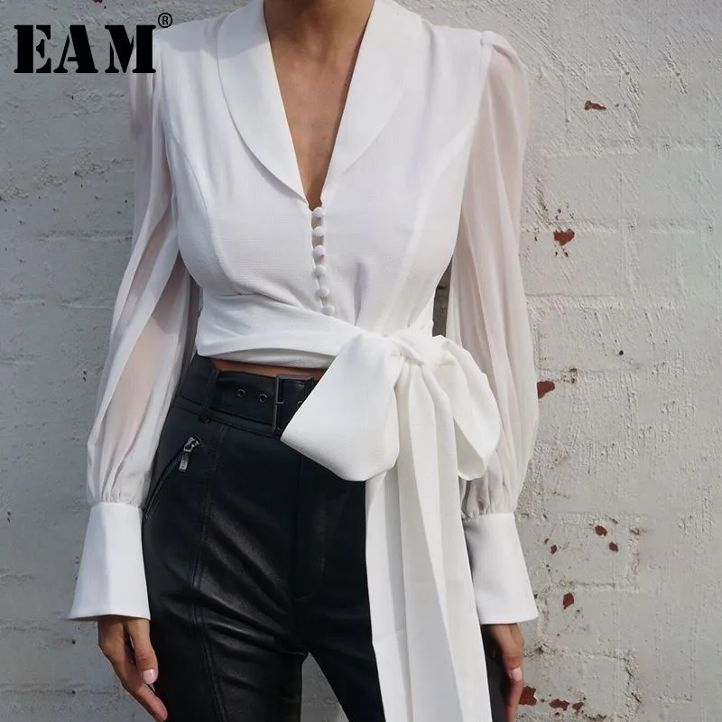 

[EAM] 2019 New Autumn Winter V-collar Long Sleeve Button Thin Bandage Brief Temperament Shirt Women Blouse Fashion Tide JX664
