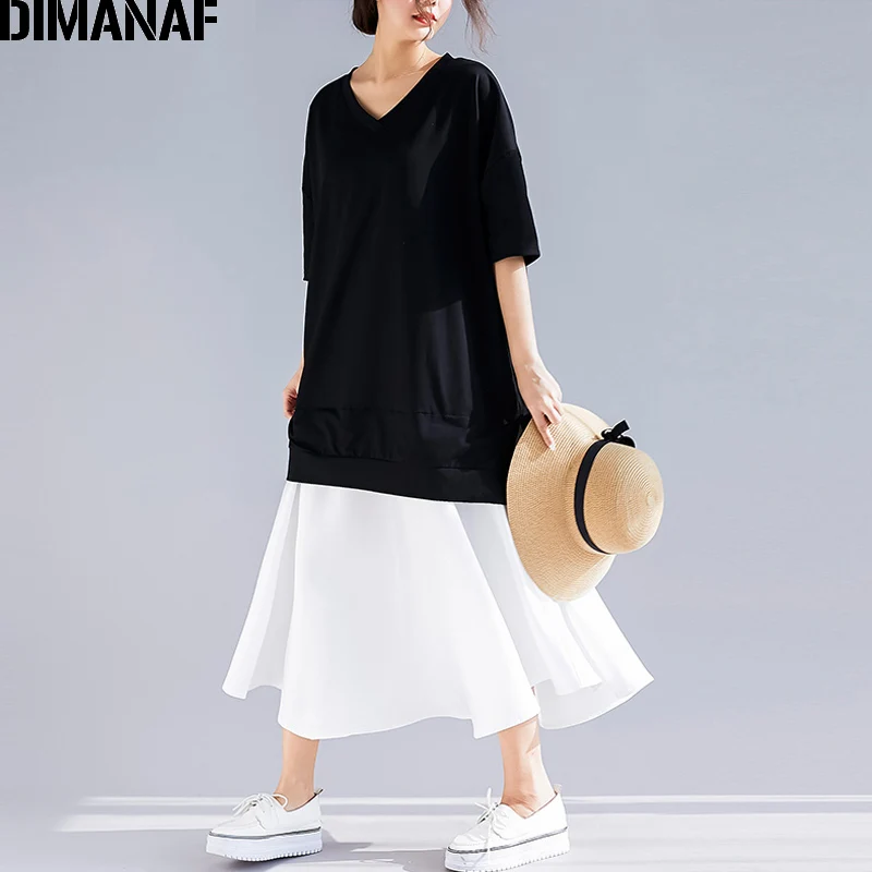 DIMANAF Plus Size Women Dress Summer Sundress Cotton Female Lady Elegant Vestidos V-Neck Spliced Black Loose Long Dress 2019 New DIMANAF Plus Size Women Dress Summer Sundress Cotton Female Lady Elegant Vestidos V-Neck Spliced Black Loose Long Dress 2019 New