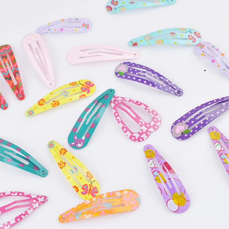 4 pieces/set Plain & Flower dots Print Metal Sleepies Snap Hair Clips