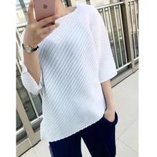 Miyake морщин лето стиль Половина рукава в полоску нерегулярное свободное большое Футболка женская плиссированная футболка