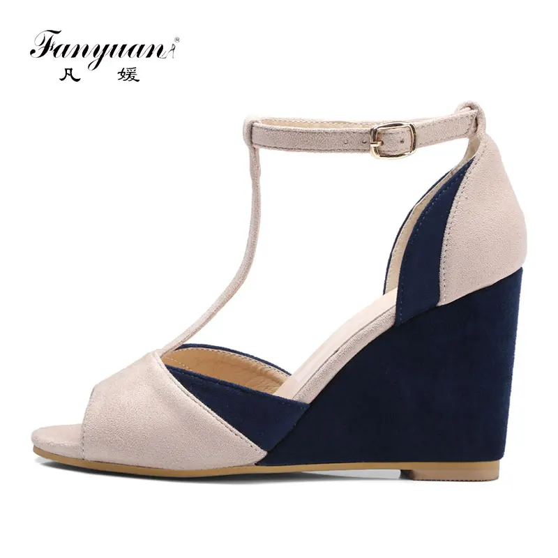 

Fanyuan Wedge Sandals Women High Heels Brand T-Strap Women's Sandals Summer Shoes Mixed Roman sandalie Open Toe 9cm Blue Red