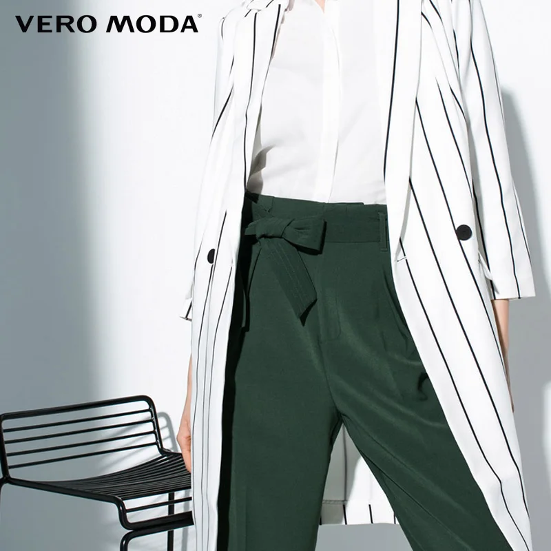 Vero Moda Brand 2018 NEW fashion double breasted striped three quarter sleeve long solid color women trench coat  |316108006