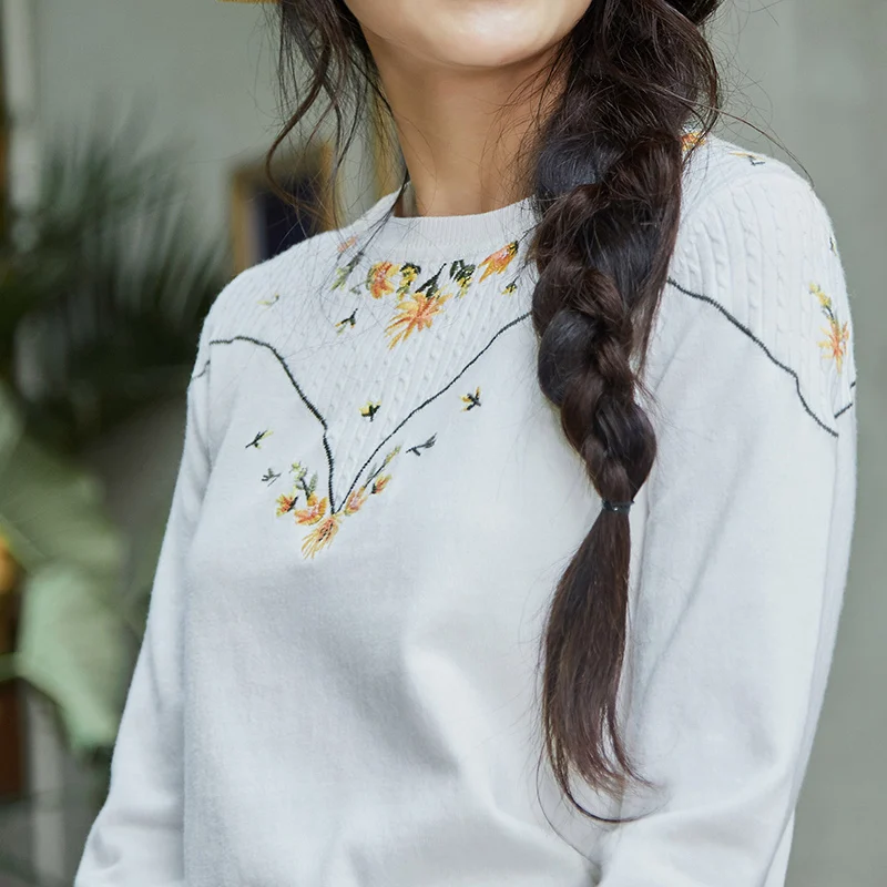 

INMAN Women Autumn Clothes Pullovers Round Neck Embroidered Pullover Women
