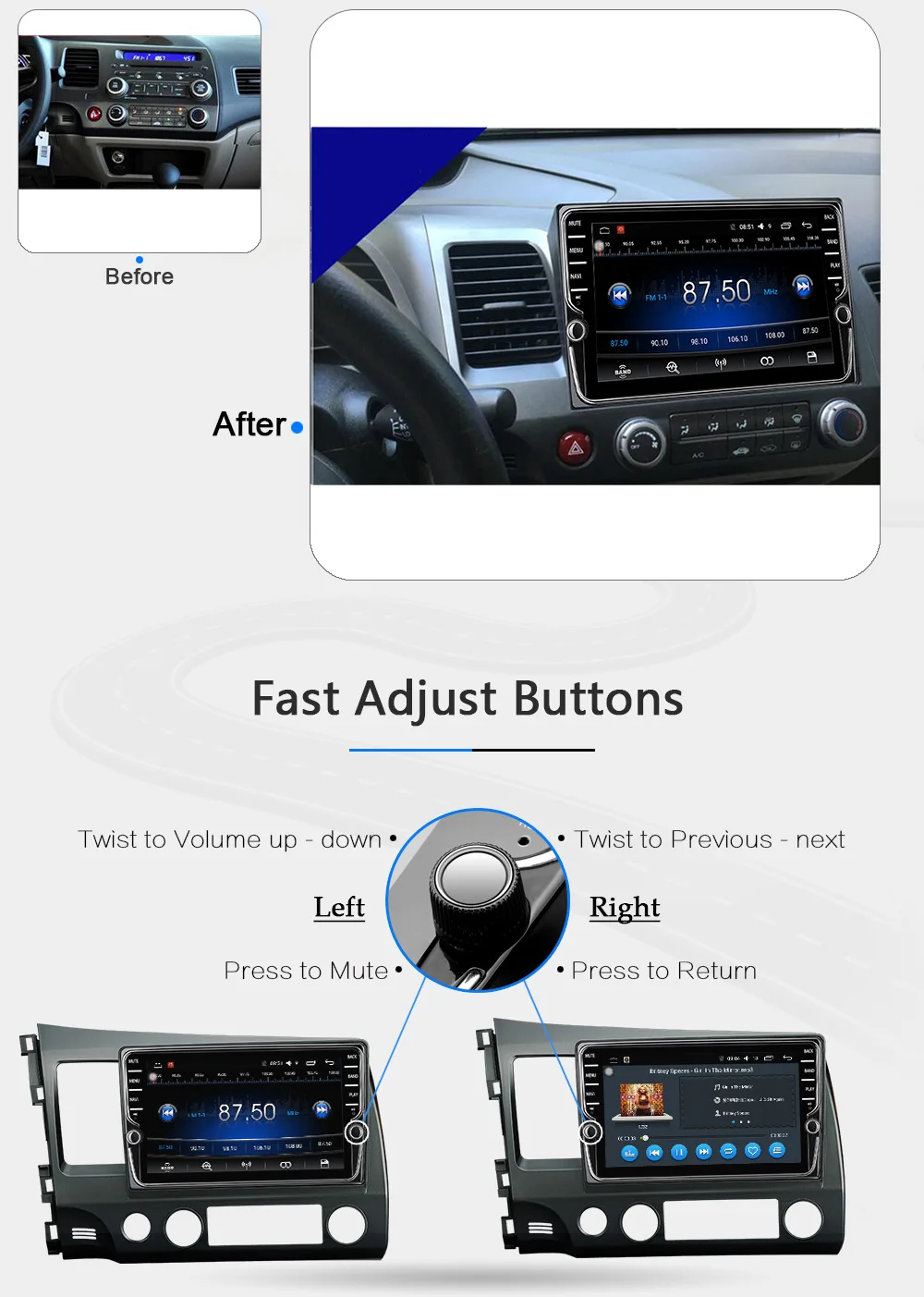 Sale FUNROVER android 8.0 2 din car dvd for honda civic 2006-2011 navigation gps car radio video stereo multimedia player 2G RAM 32G 4