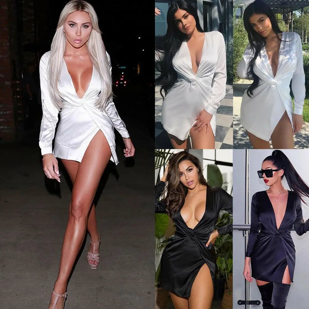 

Hirigin Women Summer Deep V Neck Dress Hoilday Beach Cocktail Party Solid Split Mini Short Dress