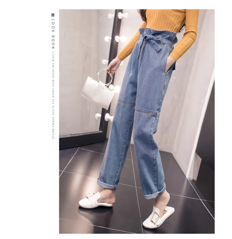 Jielur осень корейский негабаритных синие джинсы женские уличные модные свободные джинсы пояса эластичная талия крутые брюки для женщин