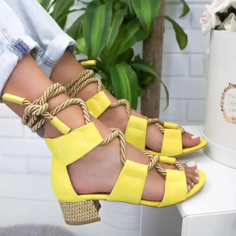 

Fast shipping Women Sandals Heel Pointed Fish Mouth Gladiator Sandals Woman Hemp Lace Up Women Platform Sandal dropshipping