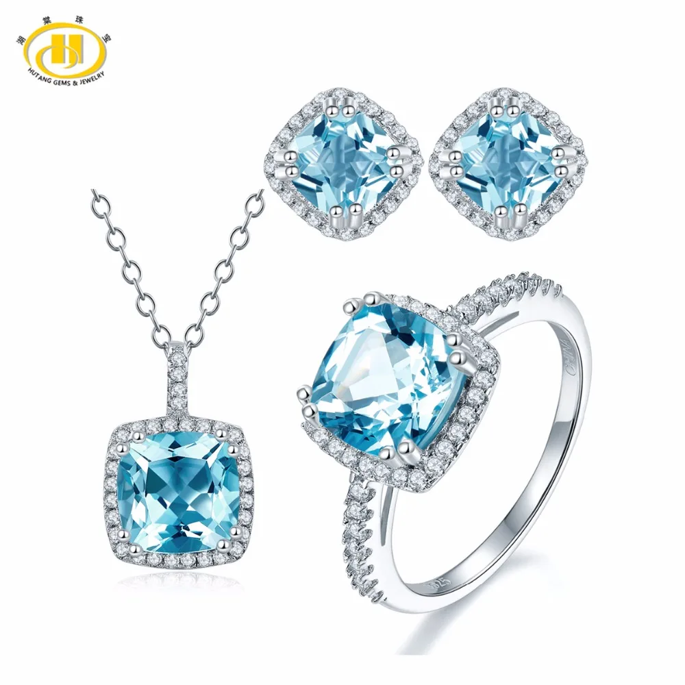 Серьги гвоздики из серебра 925 пробы с натуральным голубым топазом|jewelry sets|set for