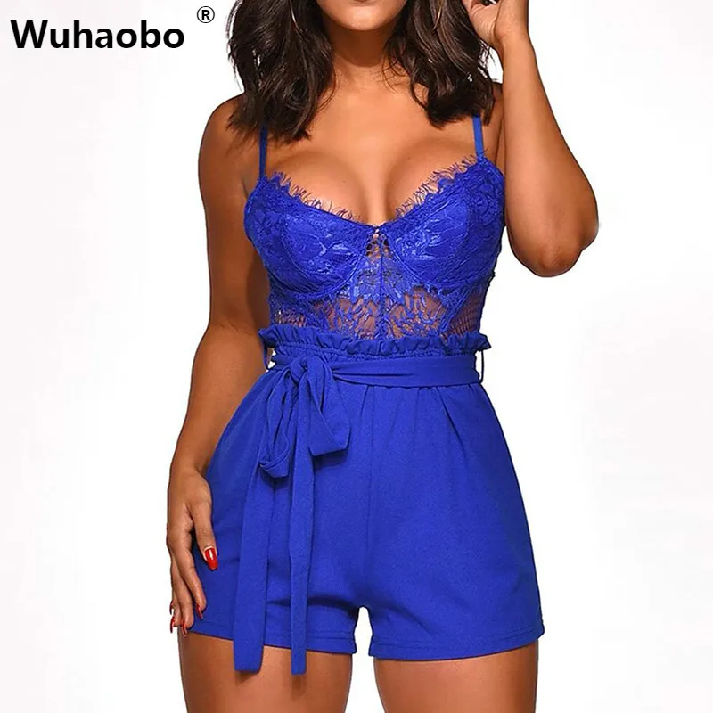 

Wuhaobo Spaghetti Strap Eyelash Lace Bodysuit Insert Wrap Belt Rompers Sexy Low Cut Bodycon Vestido Women Summer Beach Playsuits